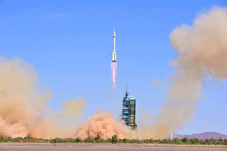The Long March-2F carrier rocket, carrying the Shenzhou-14 spacecraft and three astronauts, taking off from Jiuquan Satellite Launch Centre in China on Friday for a crewed mission to build China's space station –Reuters photo