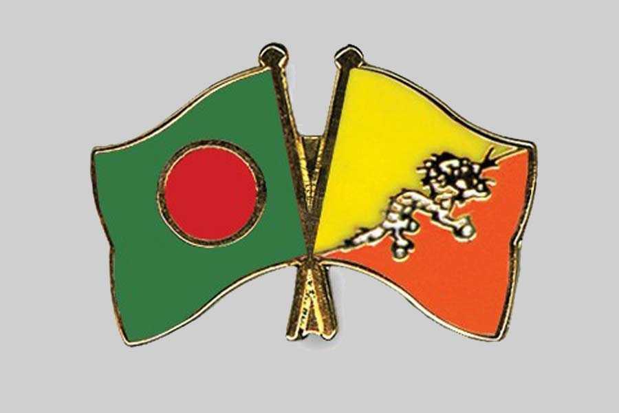 Flags of Bangladesh and Bhutan are seen cross-pinned in this photo symbolising friendship between the two nations