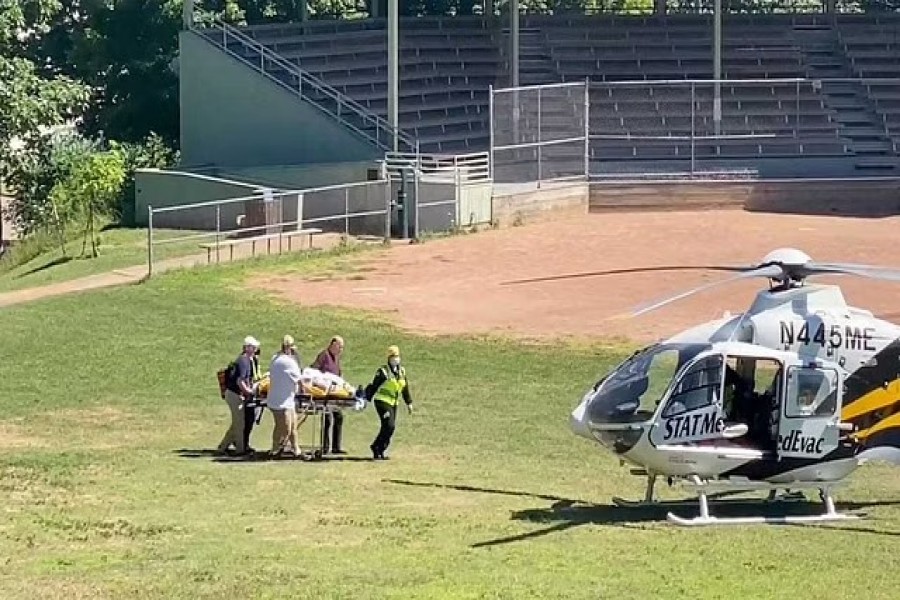 Author Salman Rushdie is transported to a helicopter after he was stabbed on stage before his scheduled speech at the Chautauqua Institution, Chautauqua, New York, US, Aug 12, 2022, in this screengrab taken from a social media video.TWITTER @HoratioGates3 /via REUTERS