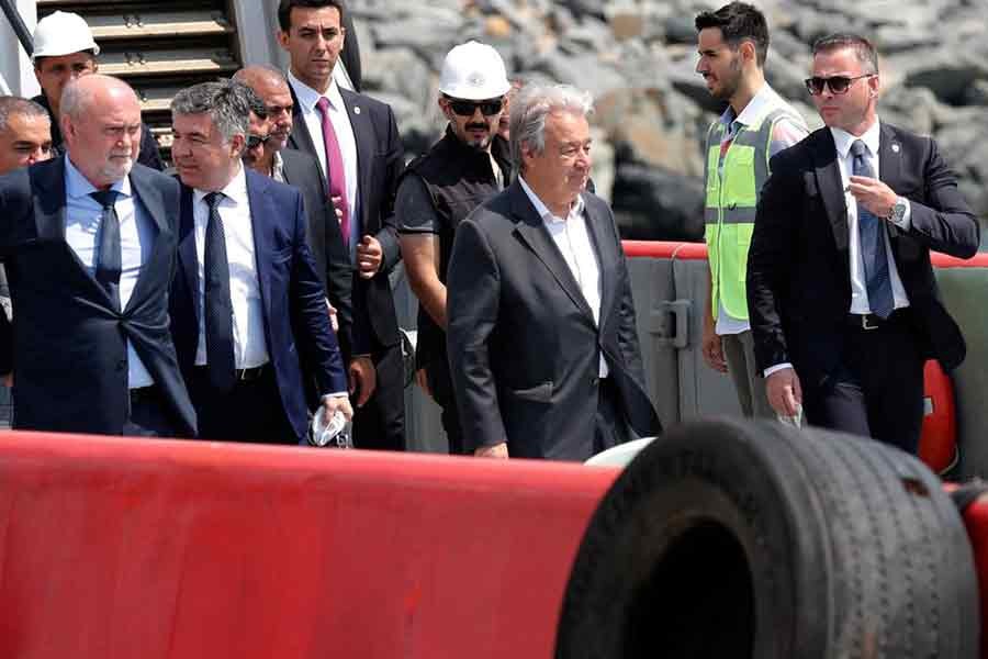 UN Secretary-General Antonio Guterres arriving at a boat to sail a ship carrying Ukrainian grain at Zeyport in Istanbul of Turkey on Saturday –Reuters photo