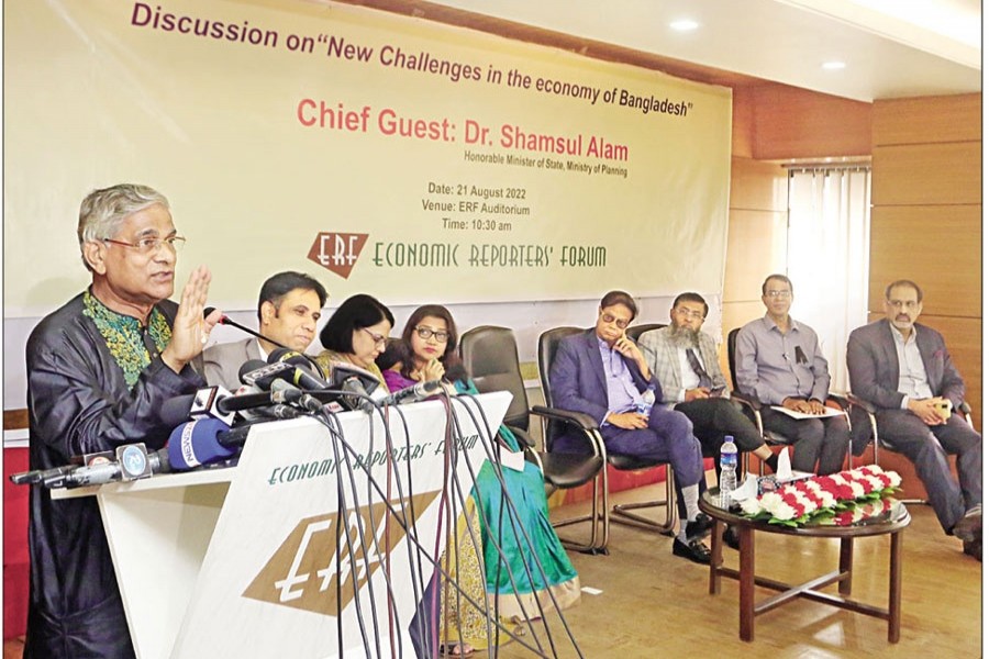 State Minister for Planning Dr Shamsul Alam speaking at a discussion on 'New Challenges in the economy of Bangladesh' the ERF auditorium in the city on Sunday