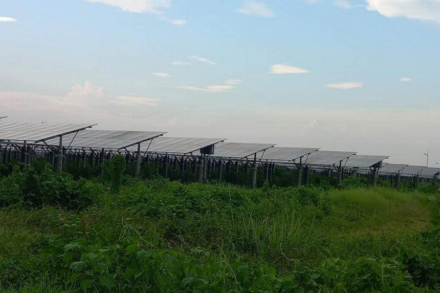 Ground mounted panels face the sun in the 50-megawatt solar park in Mymensingh, Bangladesh, August 13, 2022. Thomson Reuters Foundation/Md Tahmid Zami