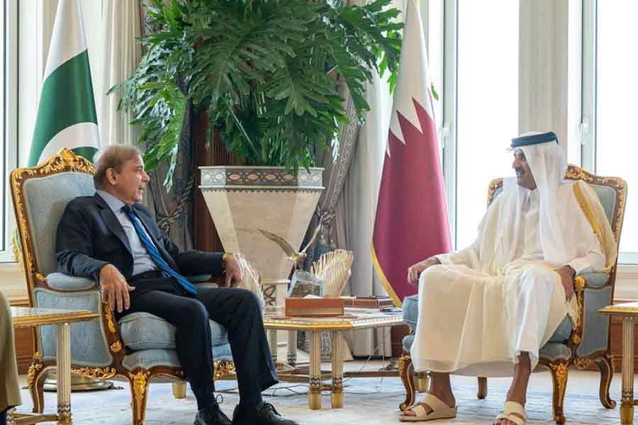 Qatar's Emir Sheikh Tamim bin Hamed al-Thani meeting with Pakistan's Prime Minister Shehbaz Sharif in Doha on Wednesday –Reuters photo