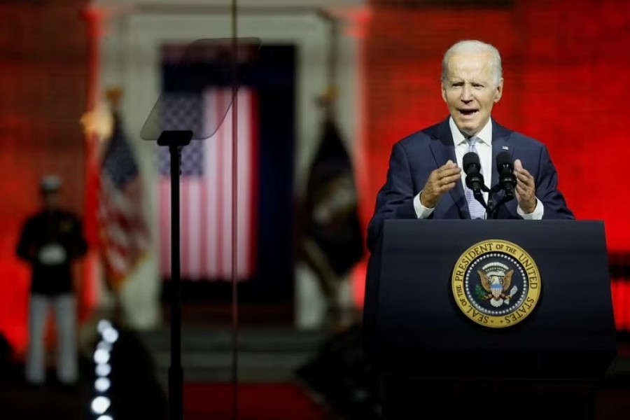 US President Joe Biden delivers remarks on what he calls the "continued battle for the Soul of the Nation" in front of Independence Hall at Independence National Historical Park, Philadelphia, US, September 1, 2022. Reuters