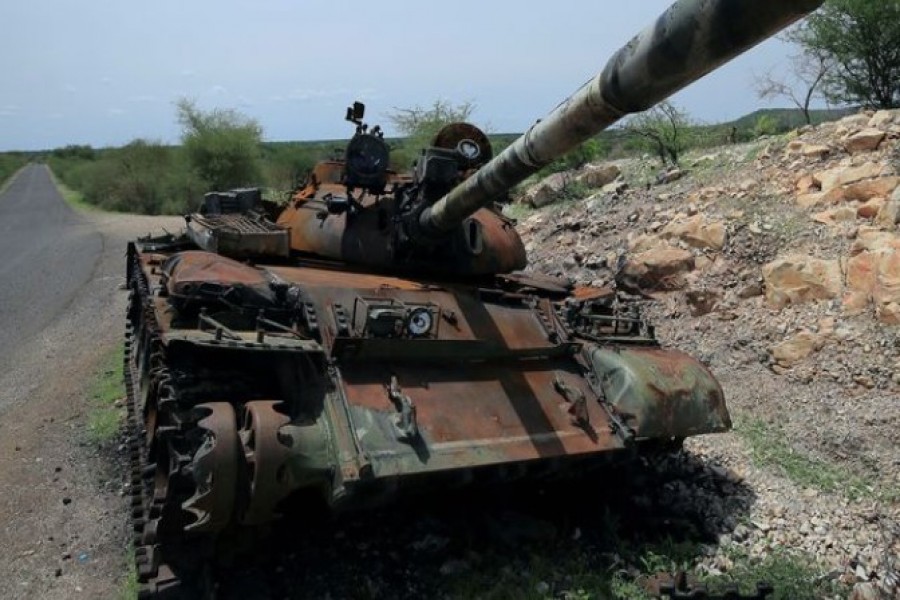 A tank damaged during the fighting between Ethiopia's National Defense Force (ENDF) and Tigray Special Forces stands on the outskirts of Humera town in Ethiopia, Jul 1, 2021. REUTERS