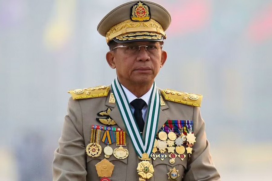 Myanmar's junta chief Senior General Min Aung Hlaing, who ousted the elected government in a coup, presides at an army parade on Armed Forces Day in Naypyitaw, Myanmar, March 27, 2021. REUTERS/Stringer/File Photo