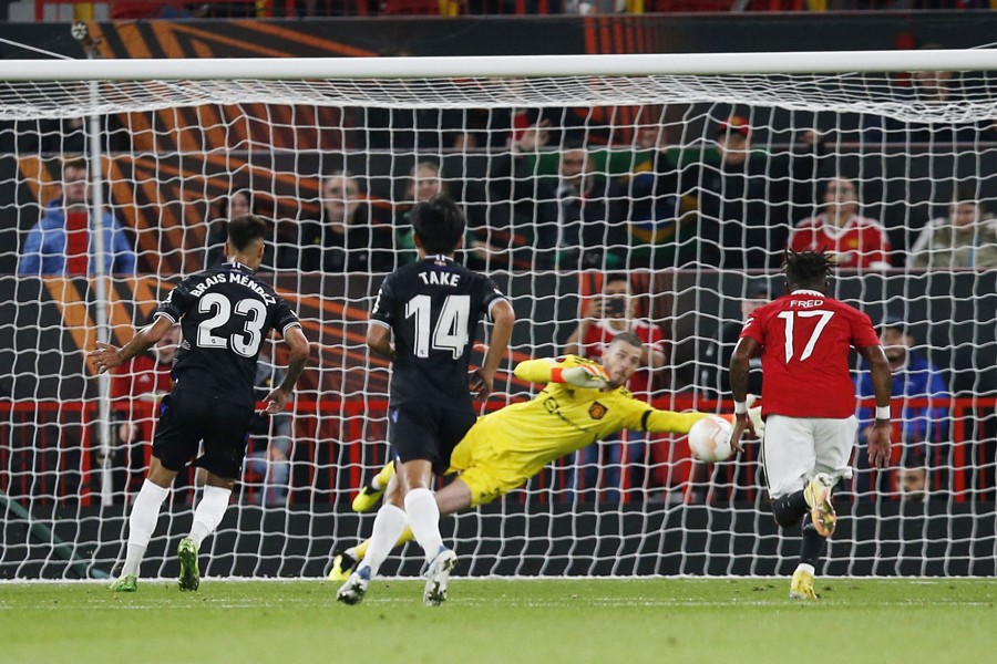 Real Sociedad's Brais Mendez scores the team's lone goal from the penalty spot in the Europa League match against Manchester United at Old Trafford, Manchester, Britain on September 8, 2022