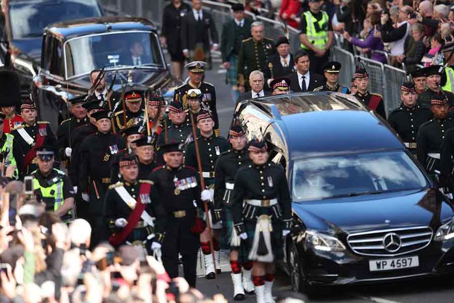 Britain's King Charles, Princesss Anne, Prince Andrew and Prince Edward following the hearse carrying the coffin of Britain's Queen Elizabeth in Edinburgh on Monday –Reuters photo