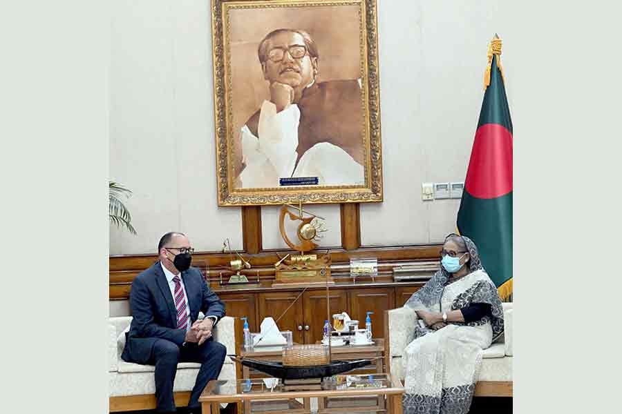 US Ambassador to Bangladesh Peter Haas paying a courtesy call on Prime Minister Sheikh Hasina at Ganabhaban in Dhaka on Tuesday –PID photo