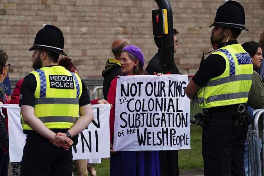 People protesting ahead of the Accession Proclamation Ceremony of British King Charles III at Cardiff Castle in Wales on September 11 this year –AP file photo