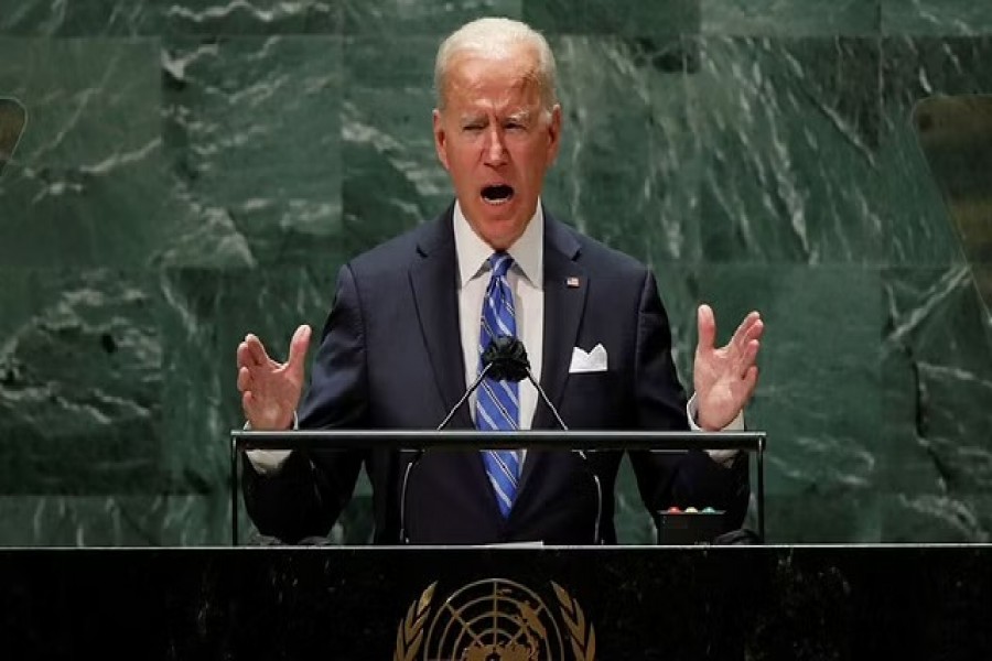 US President Joe Biden addresses the 76th Session of the UN General Assembly in New York City, US, Sept 21, 2021. REUTERS