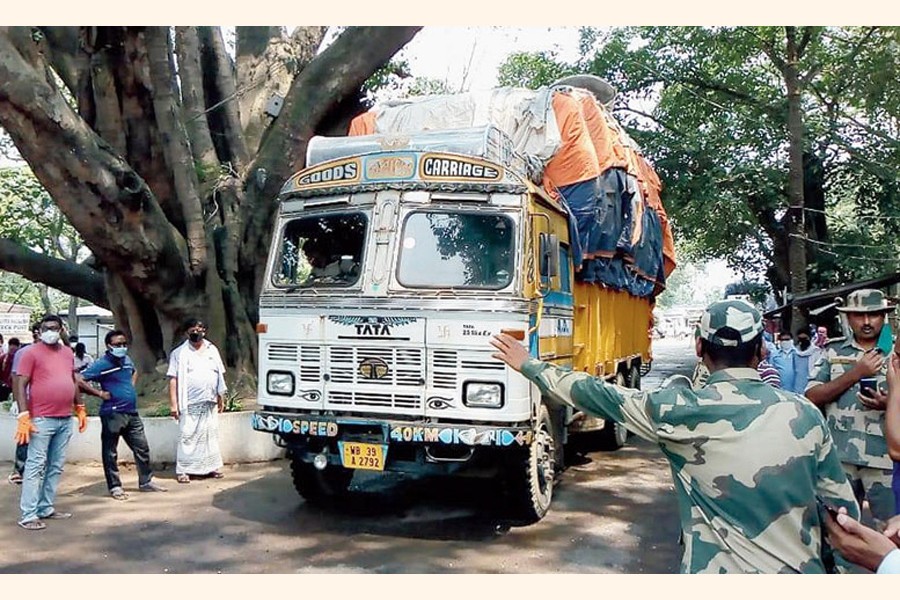 Indian truck is on the way to entering Bangladesh. 	—HBL Photo
