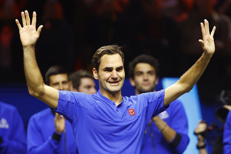 Team Europe's Roger Federer waves at fans at the end of his last match after announcing his retirement at 02 Arena, London, Britain on September 24, 2022 — Action Images via Reuters