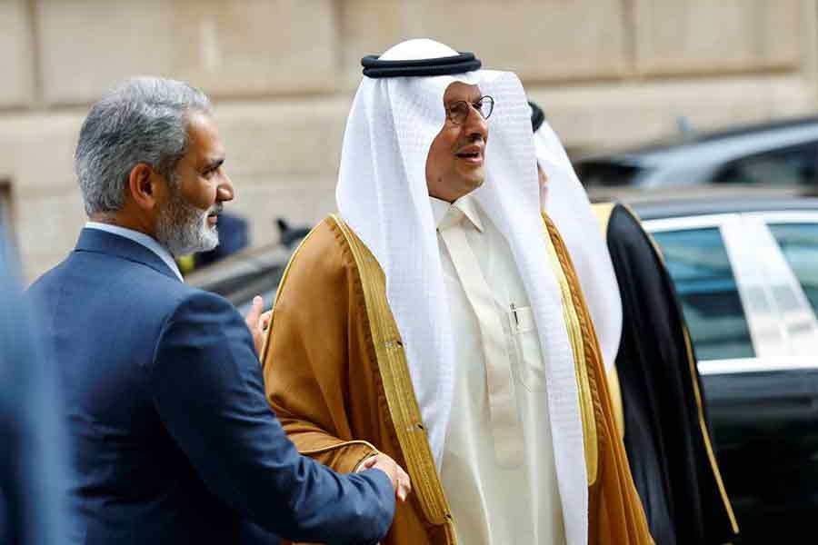 Saudi Arabia's Minister of Energy Prince Abdulaziz bin Salman Al-Saud and OPEC Secretary-General Haitham al-Ghais shaking hands at the Organisation of the Petroleum Exporting Countries (OPEC) headquarters in Vienna on Wednesday –Reuters file photo