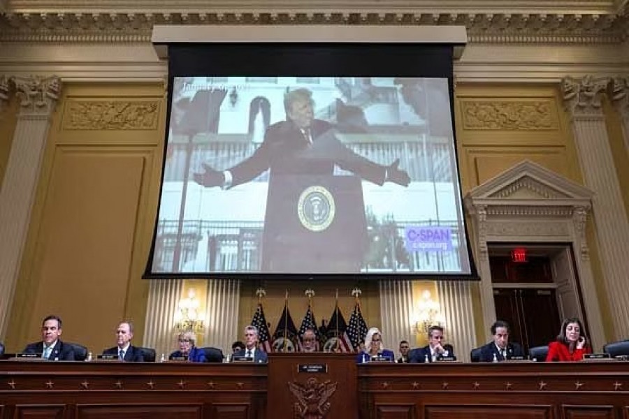 A video of former US President Donald Trump is played during a public hearing of the US House Select Committee to investigate the January 6 Attack on the US Capitol, on Capitol Hill in Washington, US, October 13, 2022. Reuters