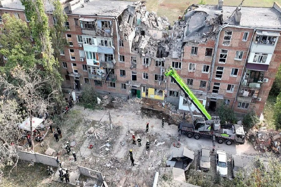 An aerial view shows a residential building heavily damaged during a Russian military attack in Mykolaiv, Ukraine Oct 13, 2022. Press service of the State Emergency Service of Ukraine/Handout via REUTERS