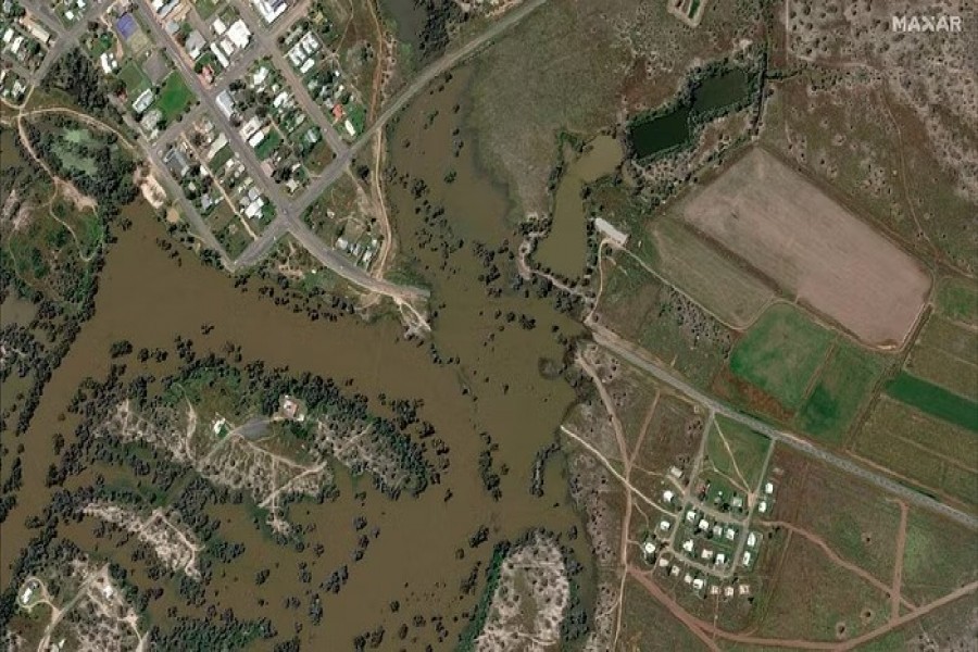 A satellite image shows a flooded road in Brewarrina, Australia, Oct 15, 2022. Maxar Technologies/Handout via REUTERS