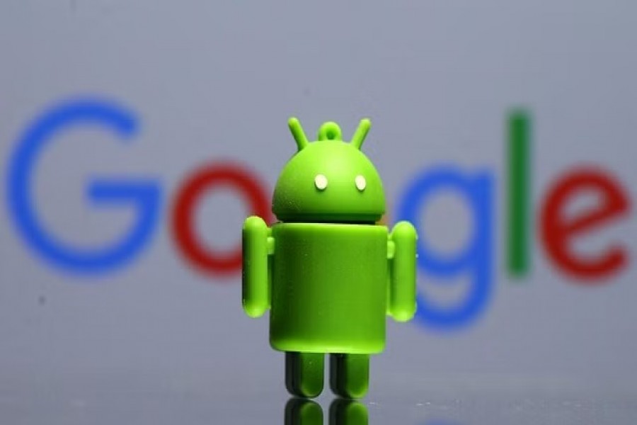 A 3D printed Android mascot Bugdroid is seen in front of a Google logo in this illustration taken July 9, 2017. Reuters