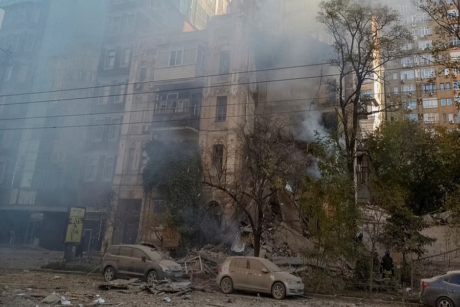 A view shows a residential building destroyed by a Russian drone strike, which local authorities consider to be Iranian-made Shahed-136 unmanned aerial vehicles (UAVs), amid Russia's attack on Ukraine, in Kyiv, Ukraine Oct 17, 2022. REUTERS/Roman Petushkov