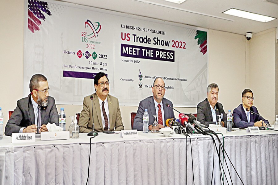 US Ambassador Peter D Haas speaks at a press conference on the '28th US Trade Show 2022' at a city hotel on Tuesday. American Chamber of Commerce in Bangladesh (AmCham) President Syed Ershad Ahmed was also present. Cosponsored by AmCham and the US Embassy, the three-day trade show will begin tomorrow — FE photo