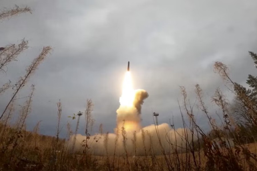 A still image from video, released by the Russian Defence Ministry, shows what it said to be Russia's Yars intercontinental ballistic missile launched during exercises held by the country's strategic nuclear forces at the Plesetsk Cosmodrome, Russia, in this image taken from handout footage released October 26, 2022. Russian Defence Ministry/Handout via Reuters