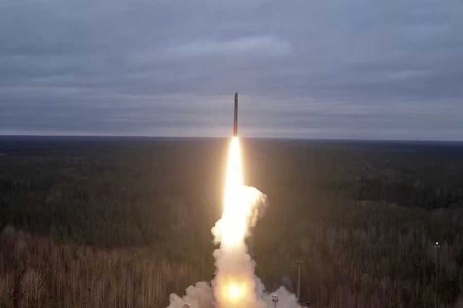 A still image from video, released by the Russian Defence Ministry, shows what it said to be Russia's Yars intercontinental ballistic missile launched during exercises held by the country's strategic nuclear forces at the Plesetsk Cosmodrome, Russia, in this image taken from handout footage released October 26, 2022. Russian Defence Ministry/Handout via REUTERS