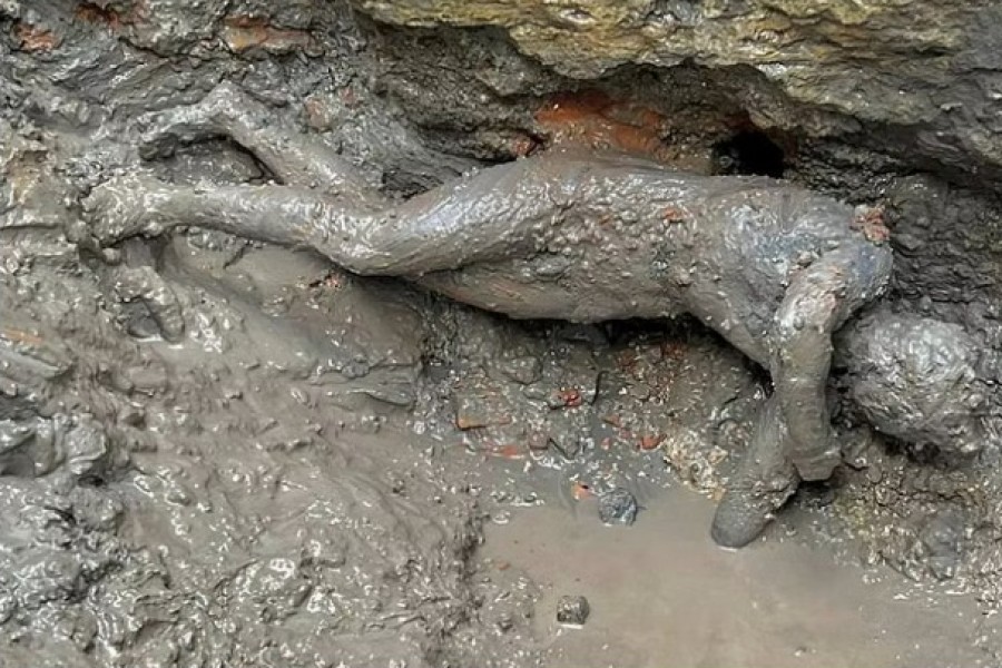 A newly discovered 2,300-year-old bronze statue lies on the ground in San Casciano dei Bagni, Italy, in this handout photo obtained by Reuters on Nov 8, 2022.REUTERS