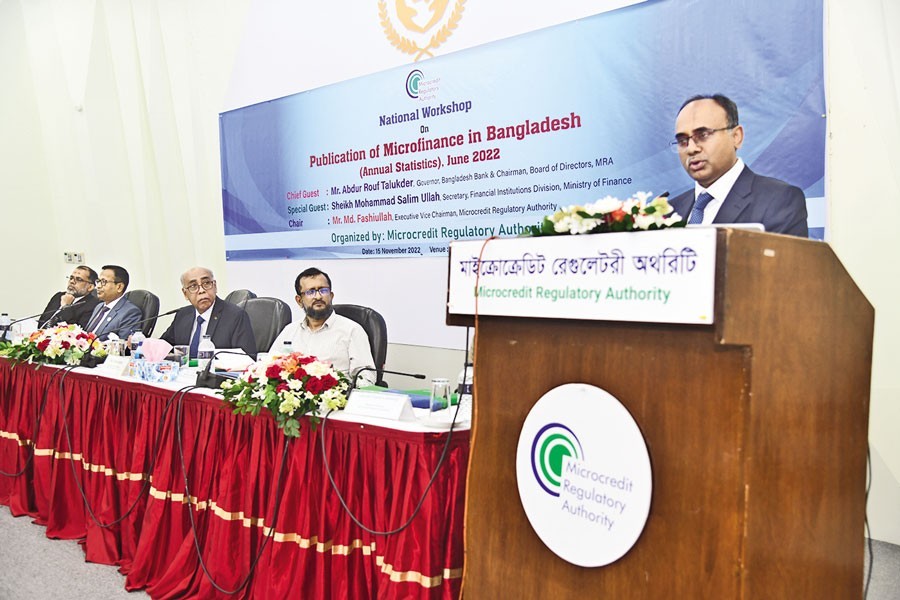 Bangladesh Bank Governor Abdur Rouf Talukder speaks at a workshop on 'Publication of Microfinance in Bangladesh (Annual Statistics), June 2022' organised by the Microcredit Regulatory Authority at Cirdap auditorium in the capital on Tuesday