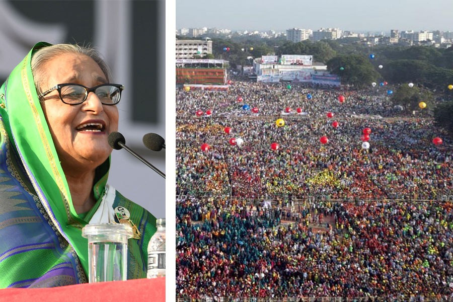 Prime Minister and Awami League (AL) President Sheikh Hasina addressing a grand rally at the historical Polo Ground in Chattogram on Sunday afternoon –PID Photos