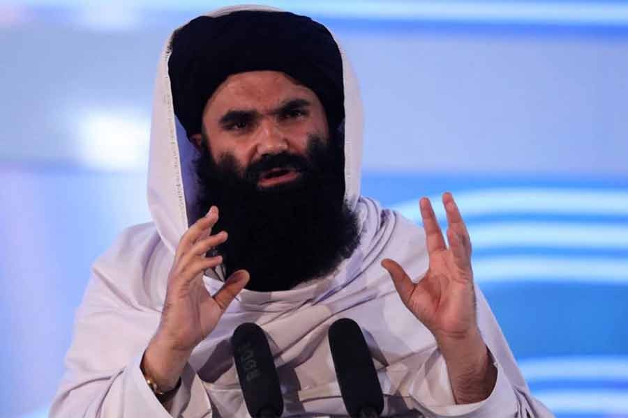 Afghan Taliban's acting Interior Minister Sirajuddin Haqqani speaking during the anniversary event of the departure of the Soviet Union from Afghanistan on April 28 this year –Reuters file photo