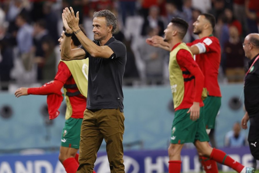 Spain head coach Luis Enrique reacts following the loss against Morocco in penalty kicks in the round of sixteen match of the 2022 FIFA World Cup at Education City Stadium in Ar Rayyan, QATAR on December 6, 2022 — USA TODAY Sports via Reuters