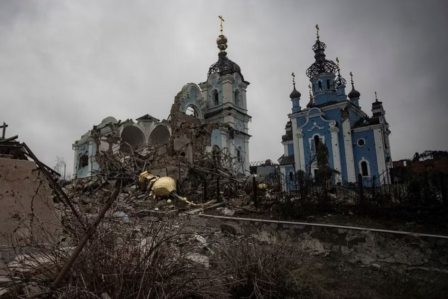 destroyed Orthodox church is seen, amid Russia's attack on Ukraine, in the village of Bohorodychne in Donetsk region, Ukraine December 8, 2022. REUTERS