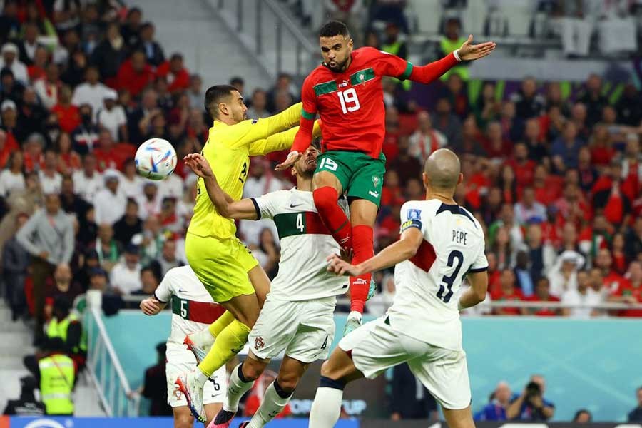 Morocco's Youssef En-Nesyri scoring their goal during FIFA World Cup Qatar 2022 quarter-final match against Portugal at Al Thumama Stadium in Qatar on Saturday –Reuters photo