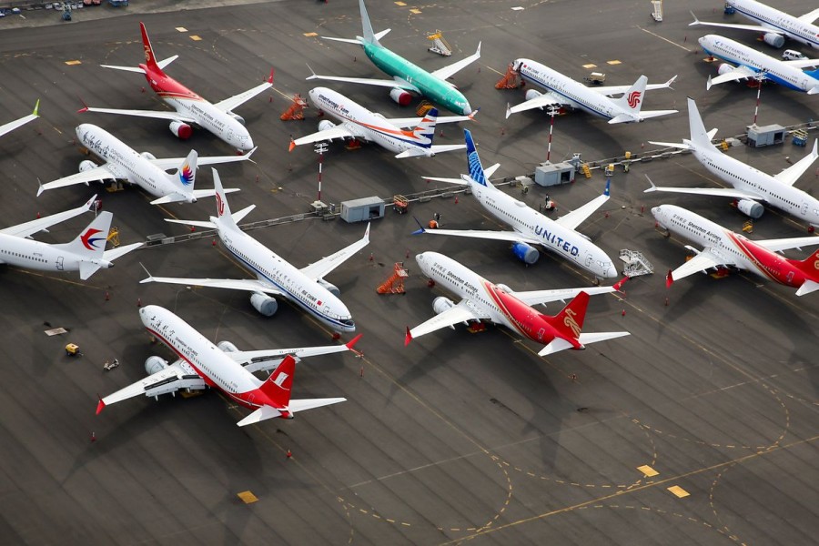 An aerial view of several Boeing 737 MAX airplanes parked at King County International Airport-Boeing Field in Seattle, Washington, U.S, June 1, 2022. REUTERS/Lindsey Wasson