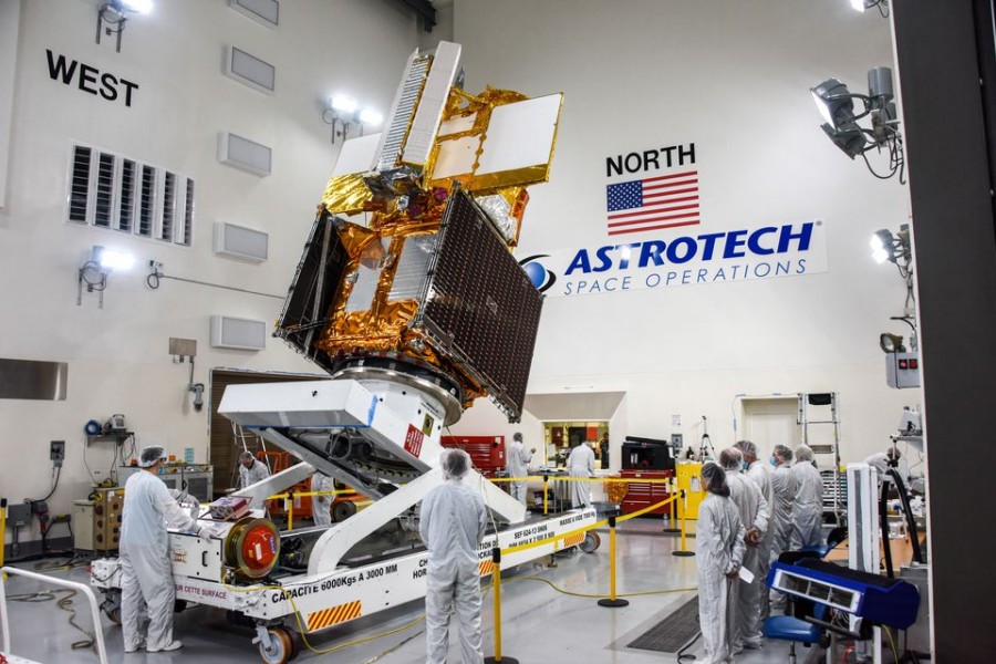The Surface Water and Ocean Topography (SWOT) radar satellite spacecraft is moved into a transport container inside the Astrotech facility at Vandenberg Space Force Base in California, US November 18, 2022. USSF/Chris Okula/Handout via REUTERS.