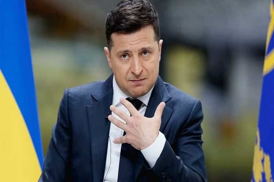 Ukraine's President Volodymyr Zelensky gestures during his annual news conference at the Antonov aircraft plant in Kyiv, Ukraine May 20, 2021. REUTERS/Gleb Garanich