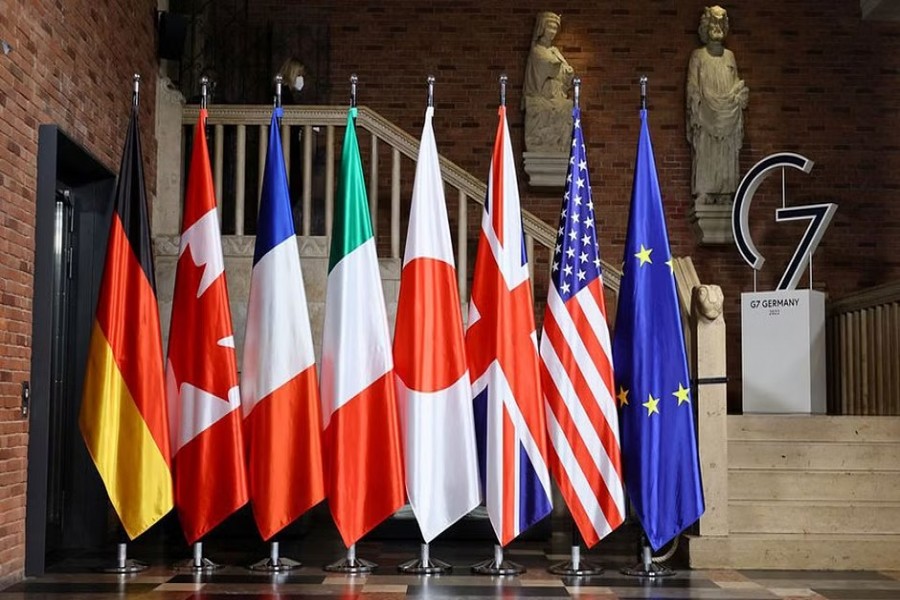 Flags are pictured during the first working session of G-7 foreign ministers in Muenster, Germany, Nov 3, 2022. REUTERS