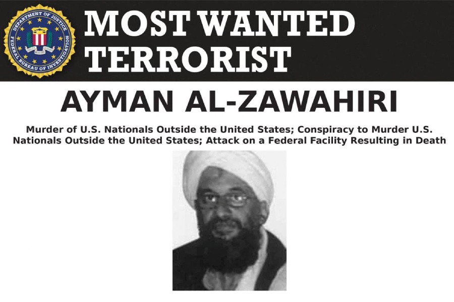 Al Qaeda leader Ayman al-Zawahiri, who was killed in a CIA drone strike in Afghanistan over the weekend according to U.S. officials, appears in an undated FBI Most Wanted poster. FBI/Handout via REUTERS