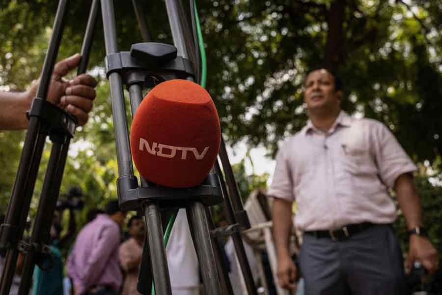 A microphone of New Delhi Television (NDTV) is placed on a tripod along a roadside in New Delhi on August 26 this year –Reuters file photo