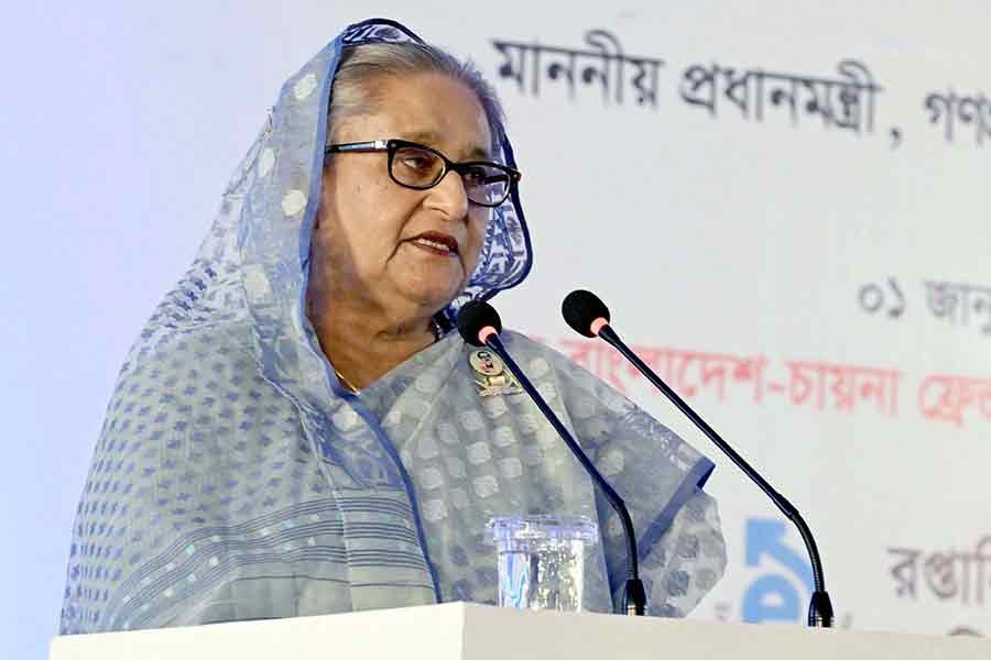 Prime Minister Sheikh Hasina addressing the inaugural ceremony of the month-long Dhaka International Trade Fair (DITF)-2023 at Bangabandhu Bangladesh-China Friendship Exhibition Centre at Purbachal on the city’s outskirts on Sunday –PID Photo