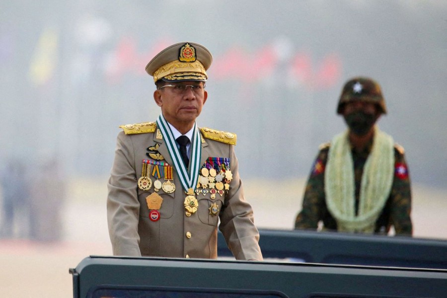Myanmar's junta chief Senior General Min Aung Hlaing presides over an army parade on Armed Forces Day in Naypyitaw, Myanmar, March 27, 2021. REUTERS/Stringer