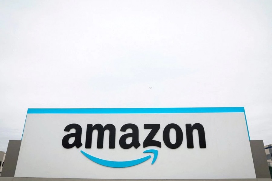 The Amazon logo is displayed on a sign outside the company's LDJ5 sortation center in the Staten Island borough of New York City, US on April 25, 2022 — Reuters/Files