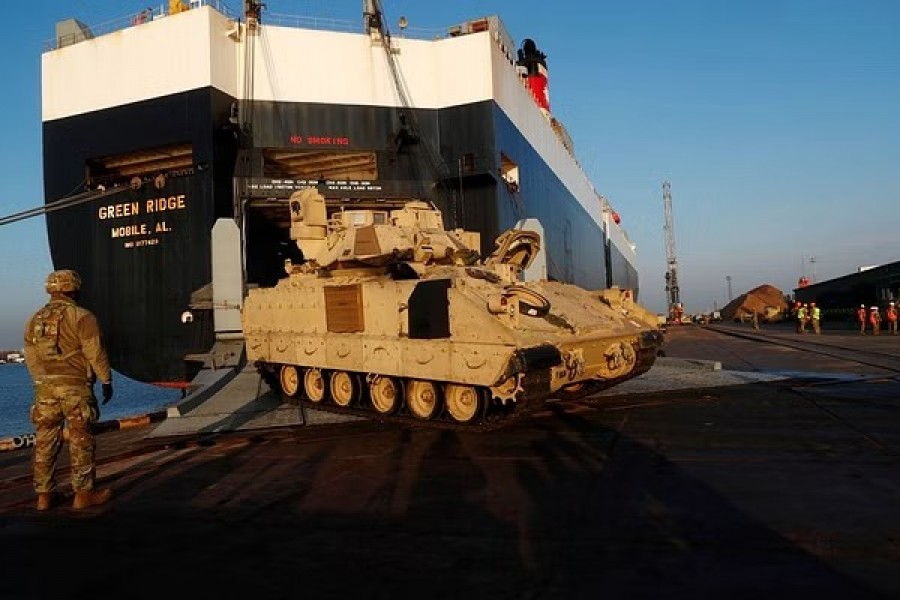US Army Bradley Cavalry Fighting Vehicle leaves ship during operation Atlantic Resolve rotation in Riga port, Latvia, October 16, 2019. REUTERS