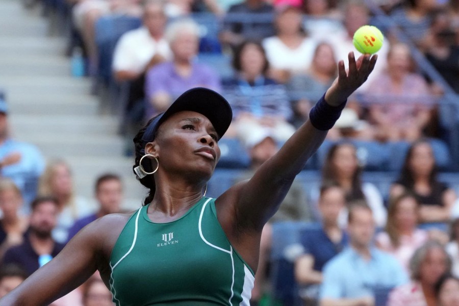 Aug 30, 2022; Flushing, NY, USA; Venus Williams of the United States serves against Alison Van Uytvanck of Belgium on day two of the 2022 U.S. Open tennis tournament at USTA Billie Jean King National Tennis Center. Mandatory Credit: Jerry Lai-USA TODAY Sports