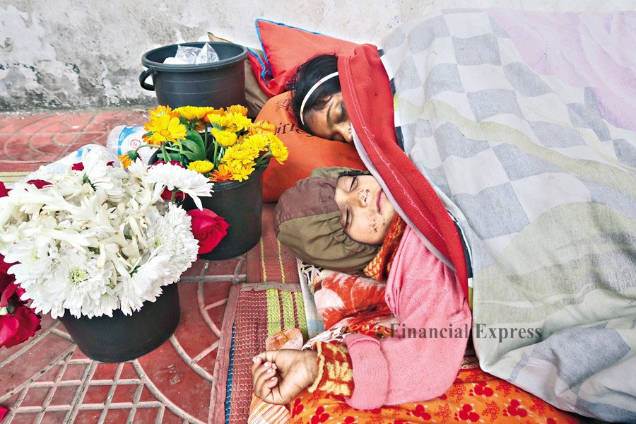 The flowers are up for sale, but the seller, a woman, along with her baby girl fell asleep on a footpath on the Dhaka University campus while waiting for customers amid severe cold weather in the early morning on Sunday — FE photo by Shafiqul Alam