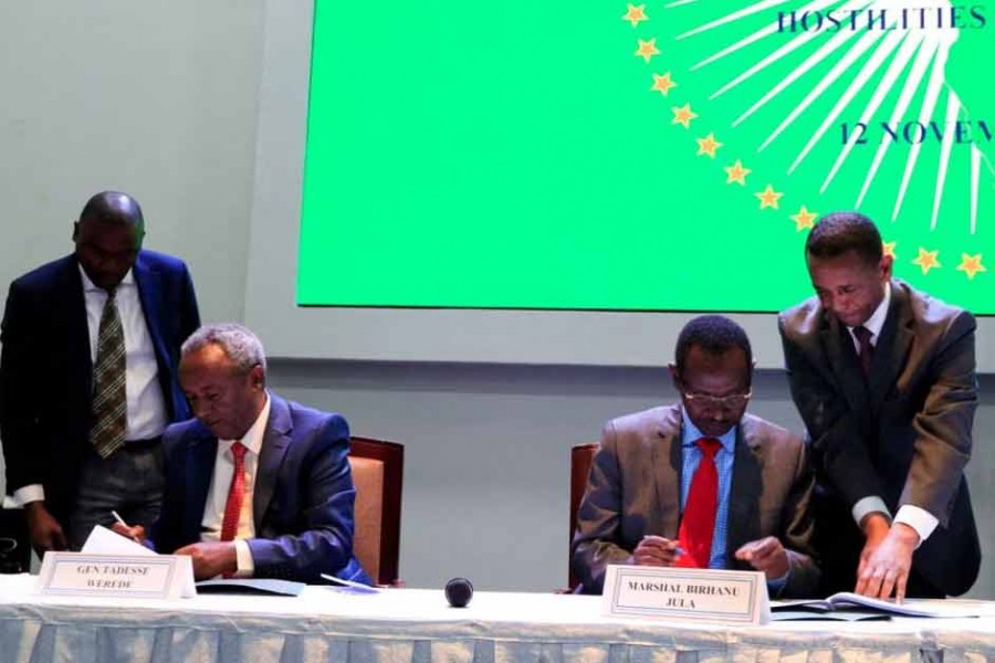 Field Marshal of the Ethiopian National Defence Force and Chief of General Staff of Ethiopia Birhanu Jula, and Tadesse Werede Tesfay, the Commander-in-Chief of the Tigray forces, signing the implementation of the cessation of hostilities agreement between the Ethiopian government and Tigrayan forces, laying out the roadmap for implementation of a peace deal in Nairobi of Kenya on November 12 last year -Reuters file photo