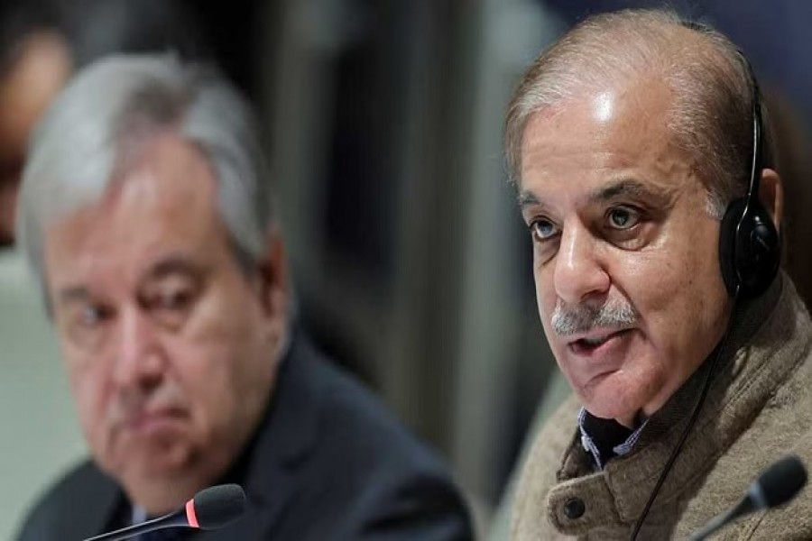 Pakistan's Prime Minister Shehbaz Sharif and United Nations Secretary General Antonio Guterres attend a summit on climate resilience in Pakistan, months after deadly floods in the country, at the United Nations, in Geneva, Switzerland, Jan 9, 2023. REUTERS