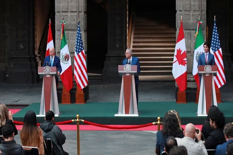 US President Joe Biden, Mexican President Andres Manuel Lopez Obrador and Canadian Prime Minister Justin Trudeau attend a joint news conference at the conclusion of the North American Leaders' Summit in Mexico City, Mexico, Jan 10, 2023. REUTERS