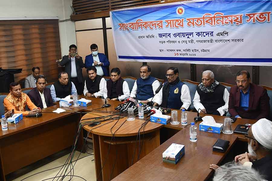 Road Transport and Bridges Minister Obaidul Quader exchanging views with journalists at the circuit house in Chattogram on Friday -PID Photo