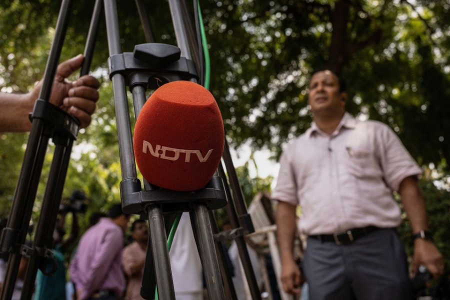 A microphone of New Delhi Television (NDTV) is placed on a tripod along a roadside in New Delhi, India on August 26, 2022 — Reuters/Files